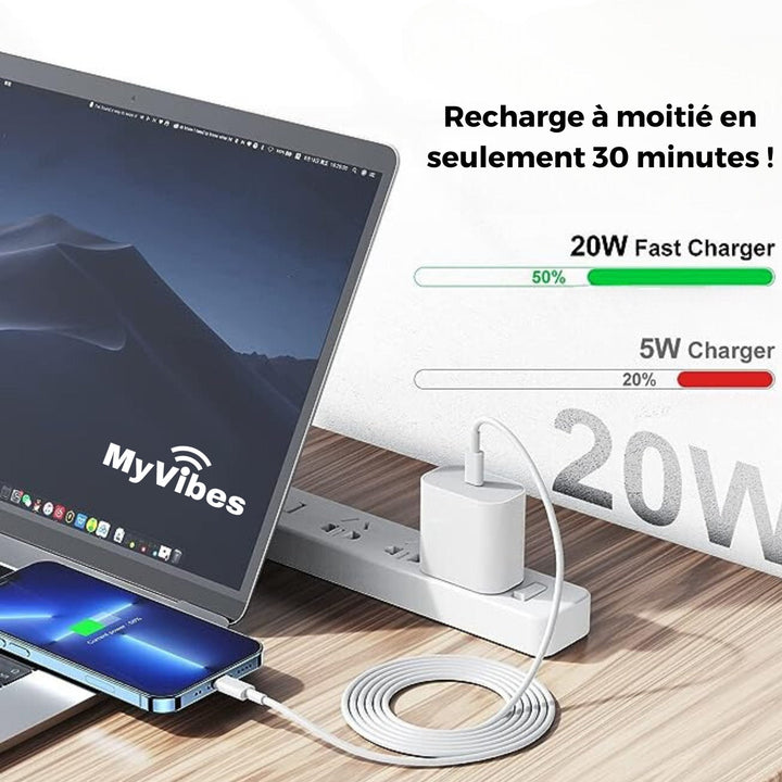 Câble Lightning + Adaptateur secteur 20 Watts USB-C - MYVIBES